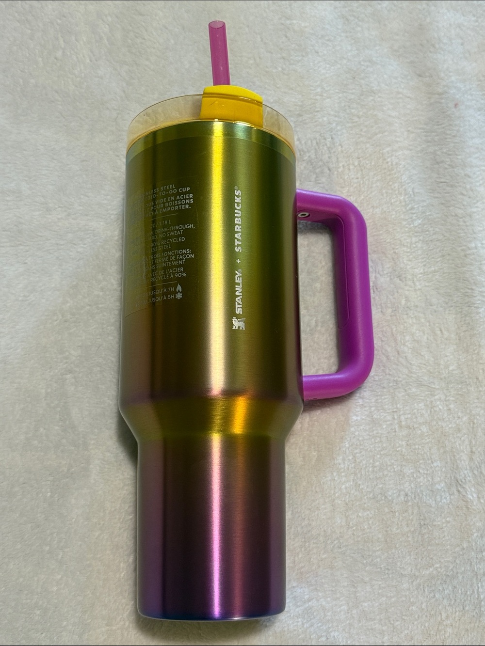 Stanley Iridescent Travel Tumbler with Purple Handle and Yellow Lid